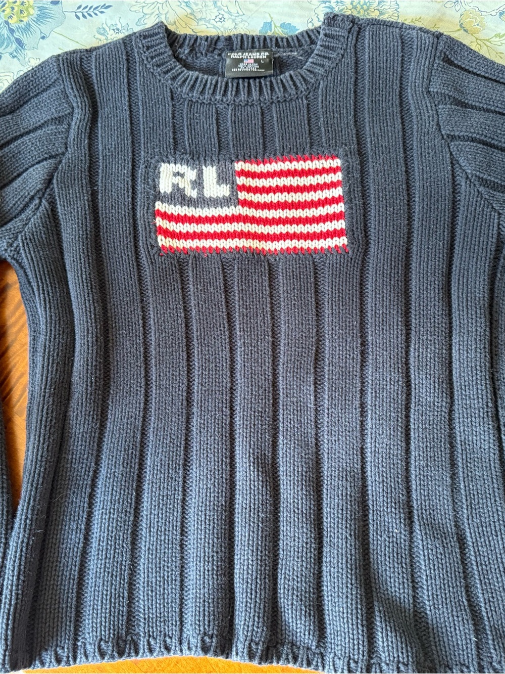 Vintage Polo by Ralph Lauren Navy Knit Crewneck Sweater with Flag Patch